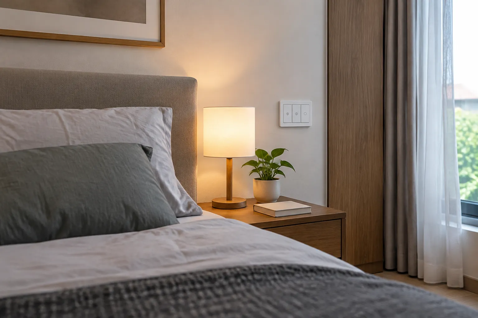 Lampu dan panel sakelar di sisi tempat tidur