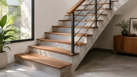 Anak tangga kayu berpadu dengan struktur terang dan railing logam