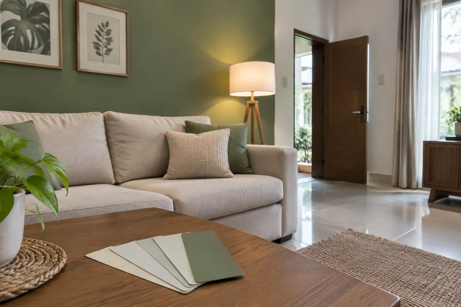 Sofa ruang keluarga dan kipas contoh warna di meja