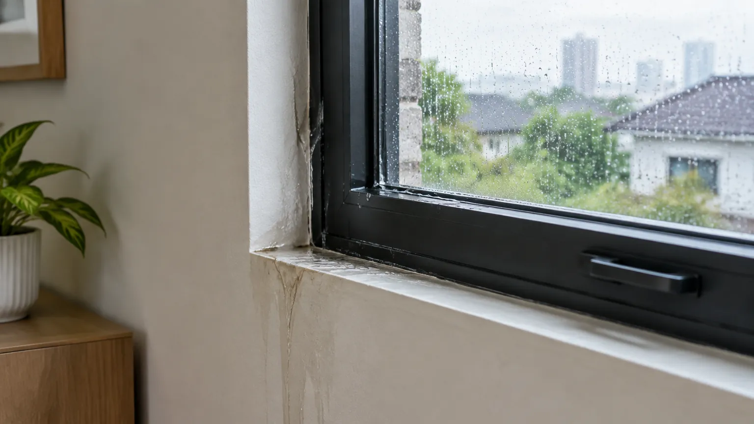 Noda di bawah jendela dekat sudut dinding dalam rumah
