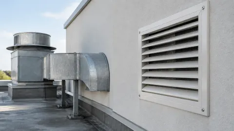 Saluran ventilasi logam dan kisi pada dinding luar