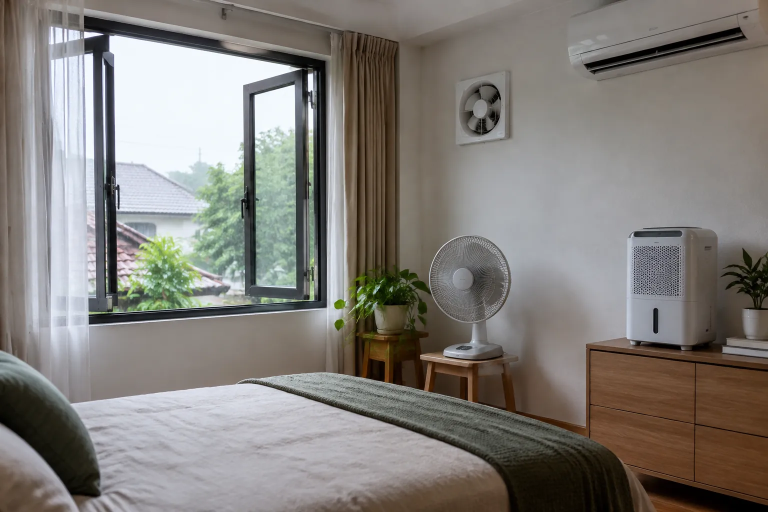 Kamar tidur dengan jendela terbuka, kipas dan alat pengurang kelembapan