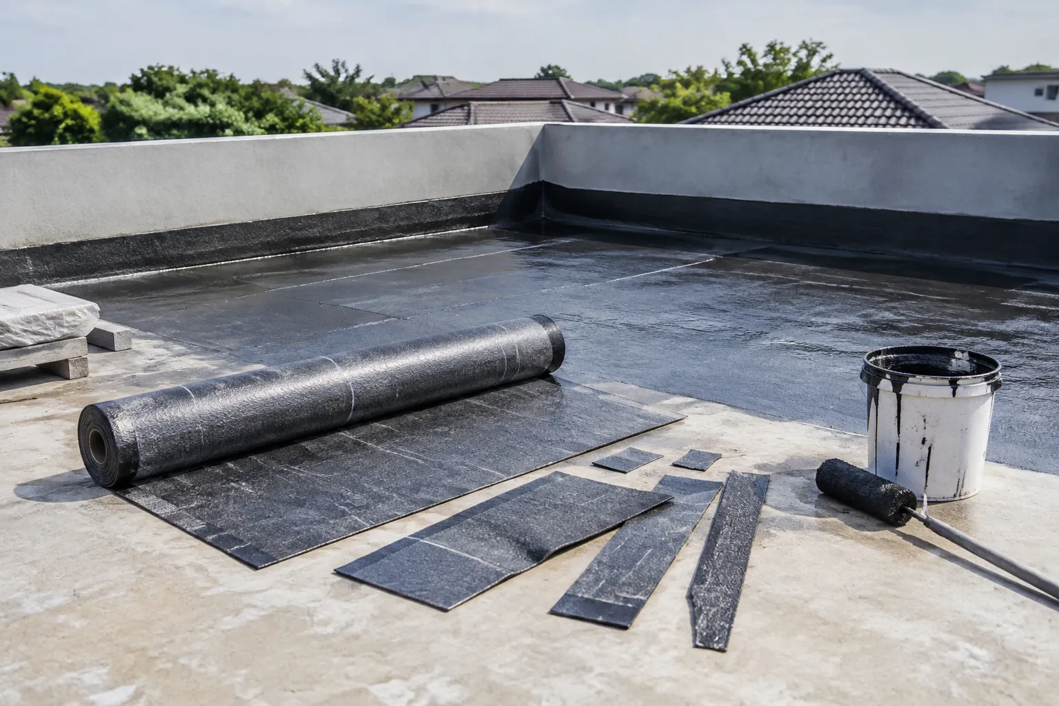 Potongan membran waterproofing tersusun di samping gulungan pada teras