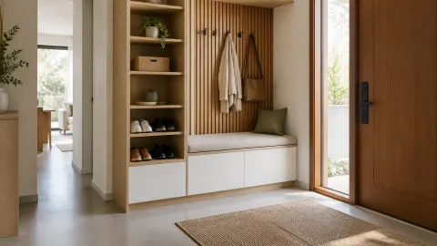 Foyer dengan bangku, lemari sepatu, gantungan, dan pintu utama