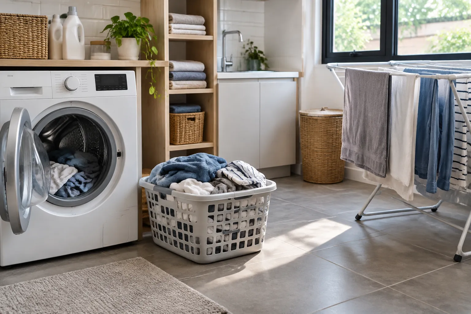 Keranjang pakaian dan mesin cuci di ruang laundry yang terang