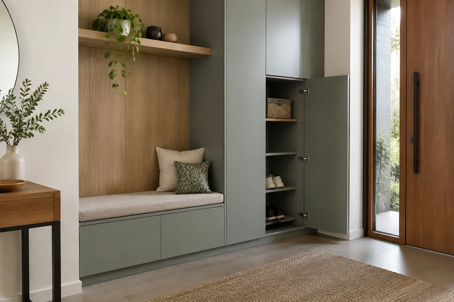 Lemari foyer built-in dengan ceruk tempat duduk