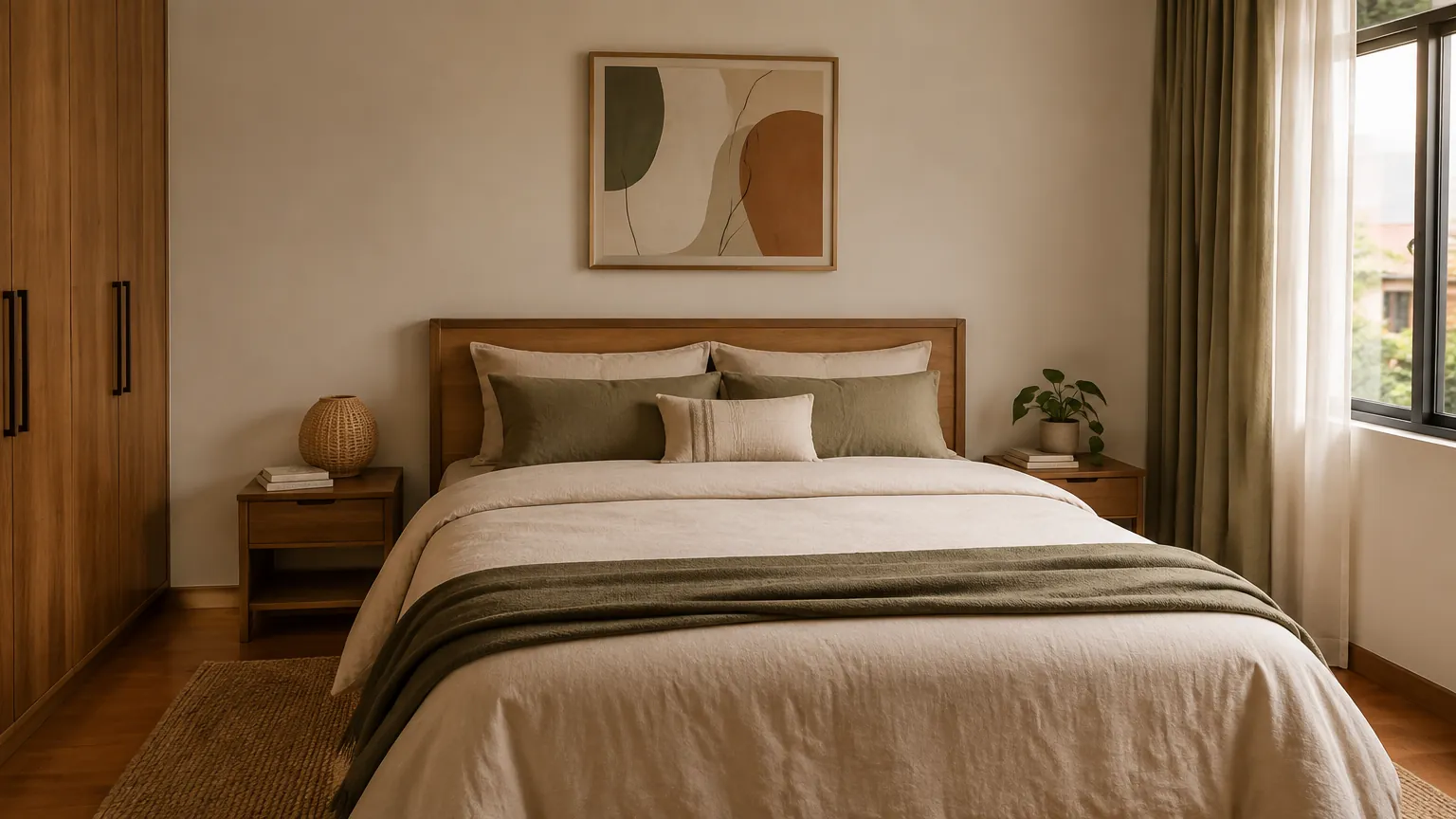 Kamar tidur dengan ranjang kayu, karya seni abstrak dan tekstil warna netral.
