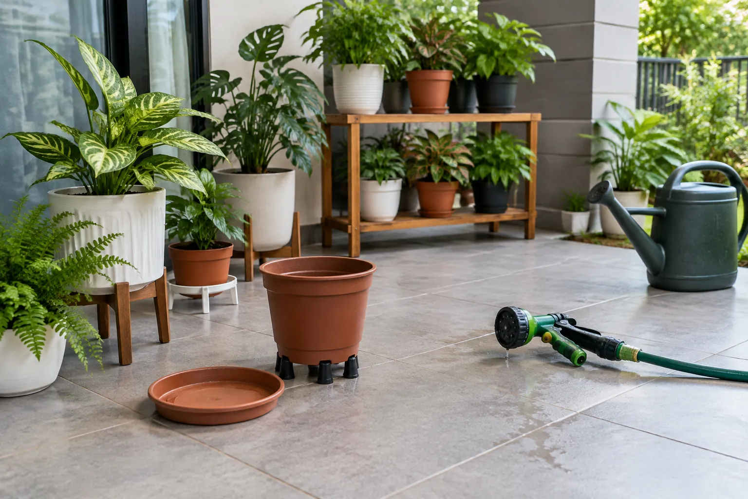 Pot, selang, dan alat berkebun berada di teras setelah penyiraman