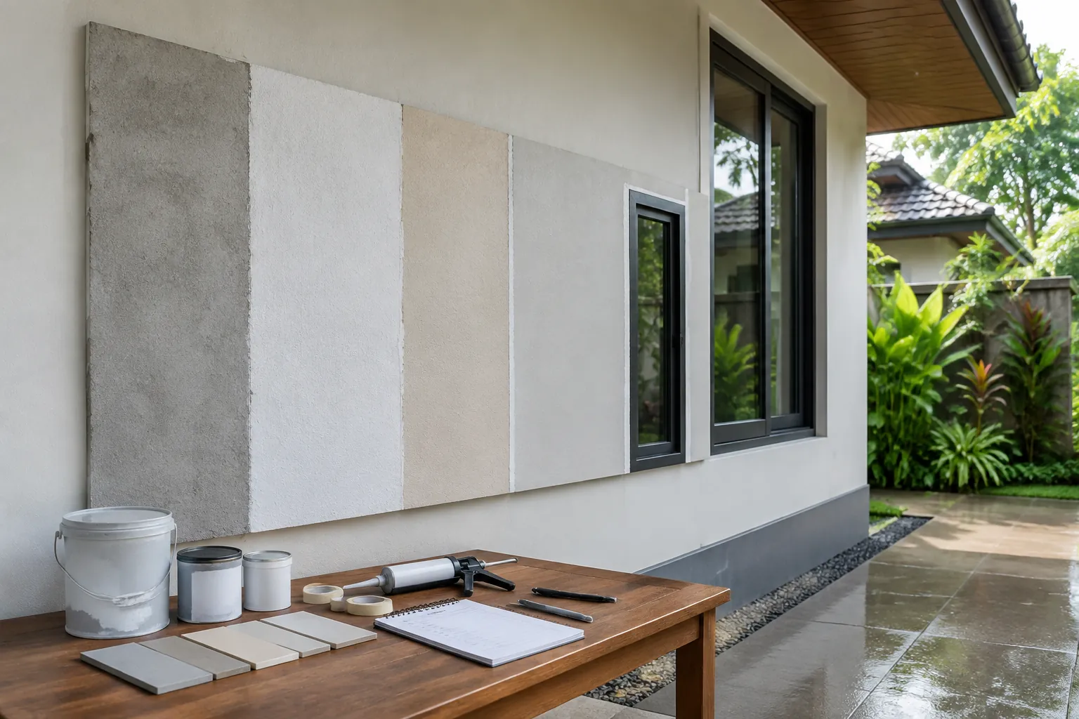 Sampel warna finishing disusun di depan bidang dinding luar