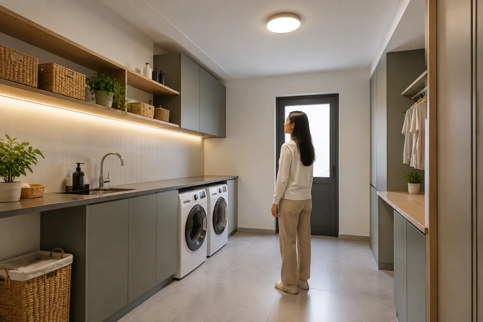 Penghuni menilai posisi lampu plafon dan cahaya di ruang laundry