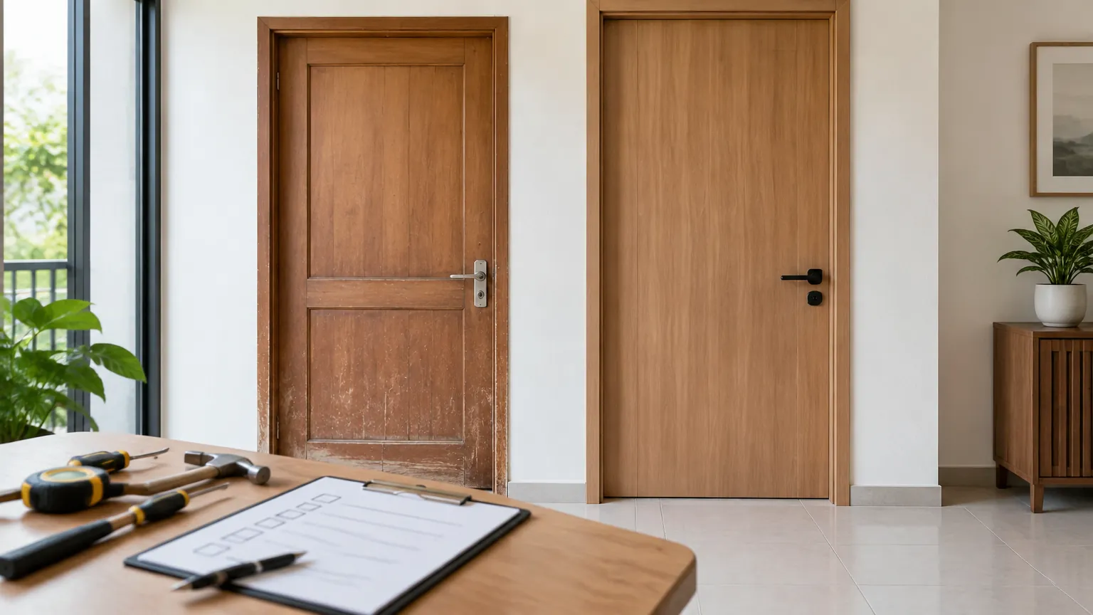 Dua pintu kayu dengan kondisi dan warna finishing berbeda