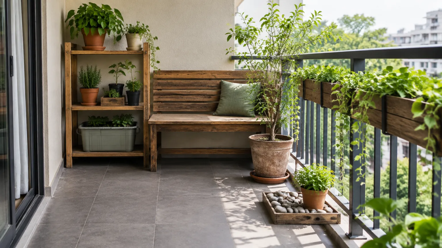 Bangku kayu dan tanaman pot pada balkon