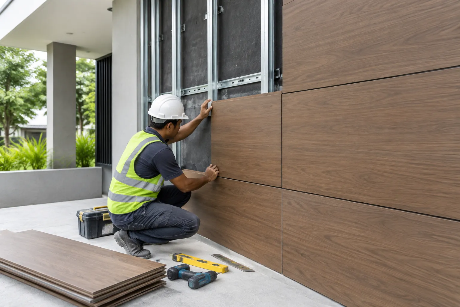 Pekerja memasang panel pelapis pada dinding luar