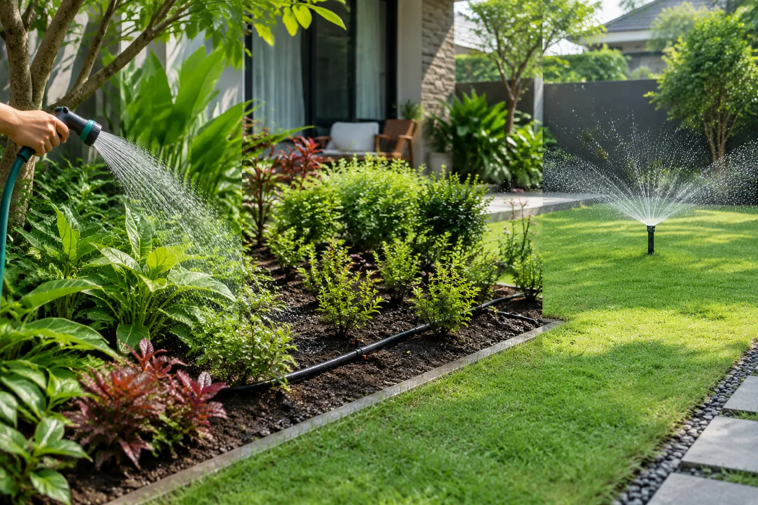 Penyiraman manual dan sprinkler digunakan di dua bagian taman