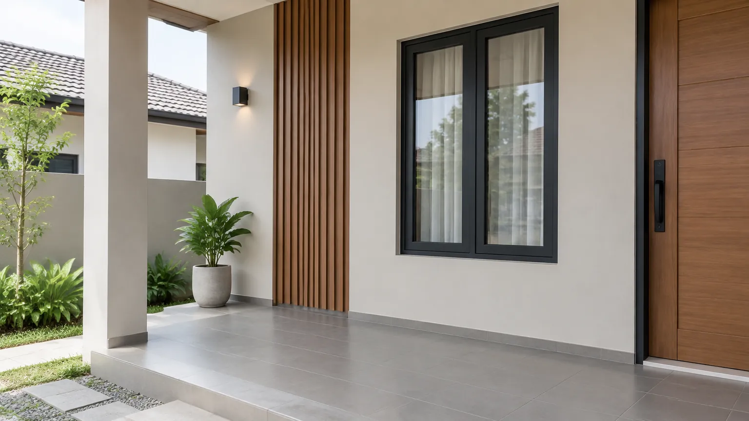 Teras minimalis dengan dinding terang dan bilah kayu di dekat pintu
