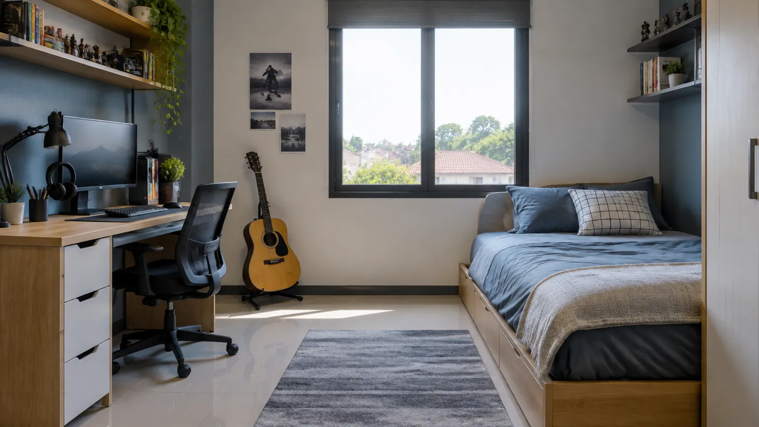 Kamar remaja dengan tempat tidur dan meja kerja