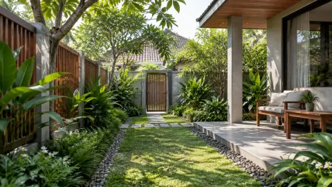 Jalur taman diapit tanaman hijau dan teras rumah