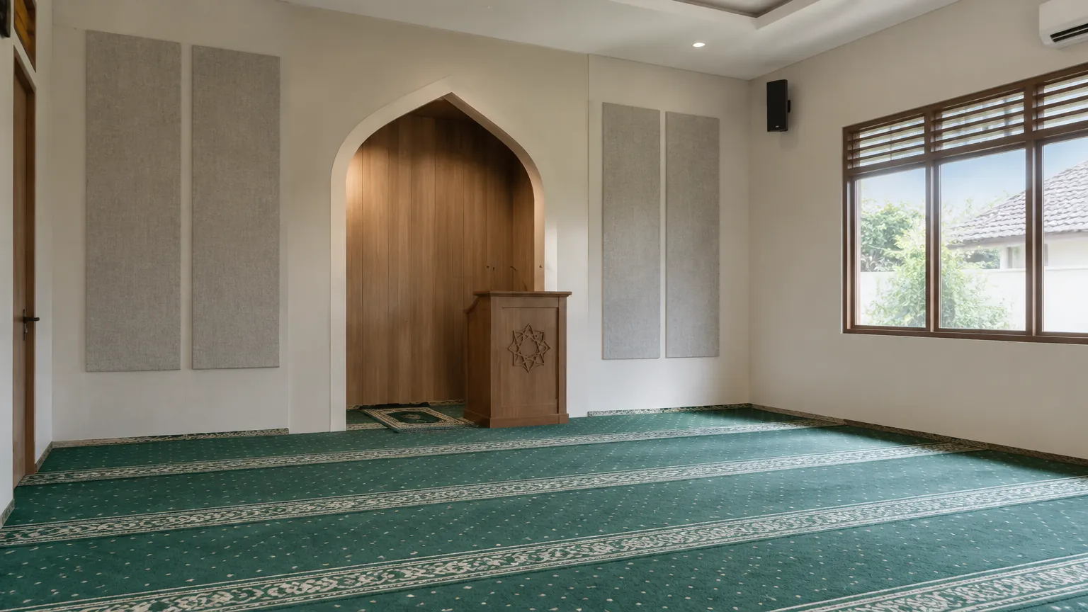 Ruang musala dengan karpet dan panel dinding