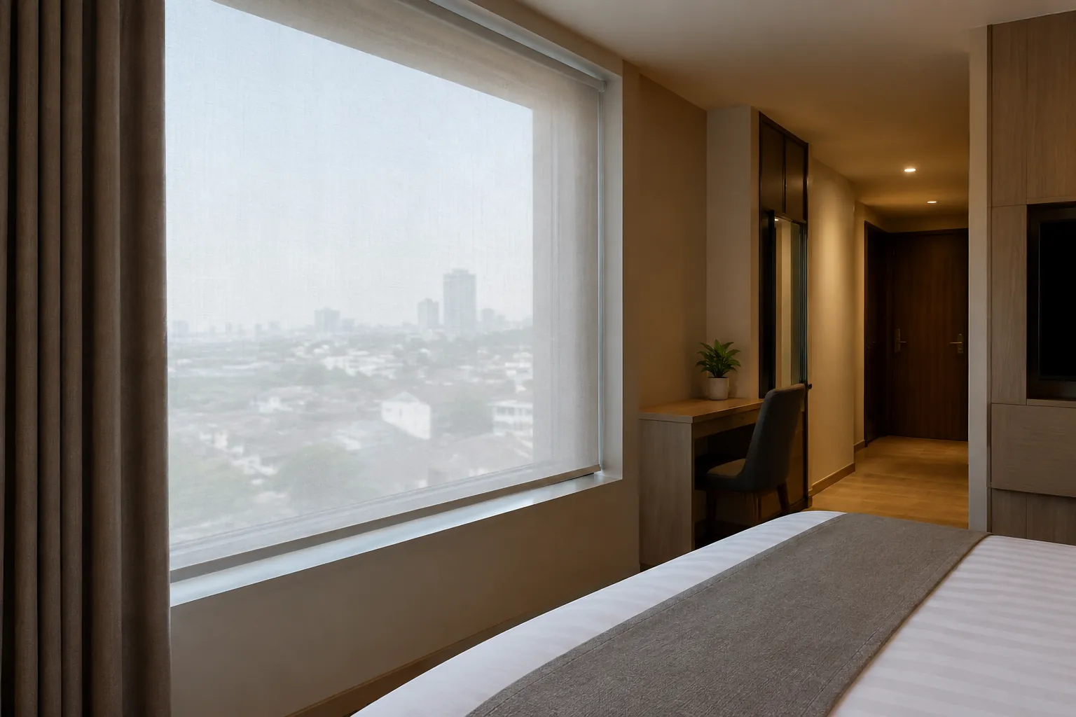 Jendela kamar hotel dengan tirai tipis dan pemandangan kota