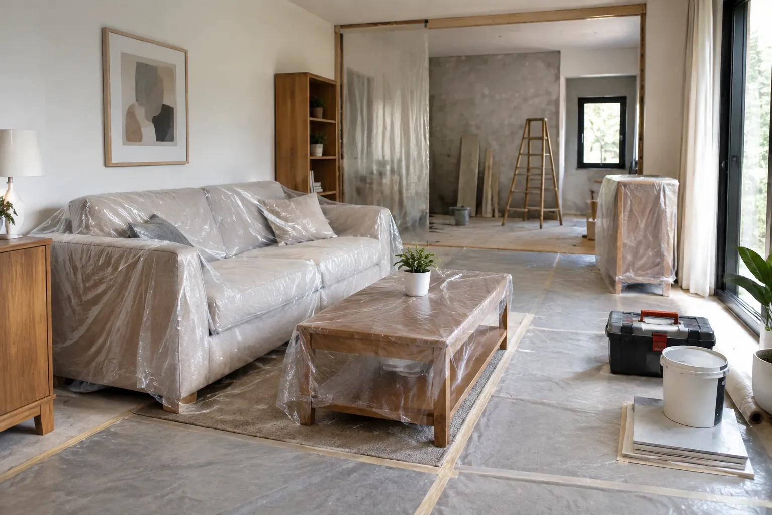 Sofa ditutup pelindung selama pekerjaan renovasi ruang keluarga berlangsung
