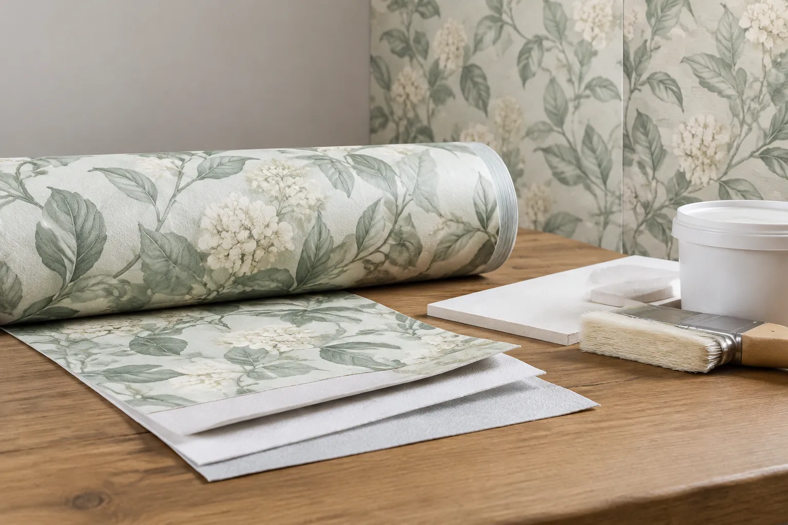 Gulungan wallpaper bermotif daun dengan sampel di meja