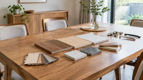 Contoh kayu, batu, dan bahan lain disusun di atas meja makan