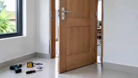 Pintu kayu sedang dipasang dengan alat kerja di lantai