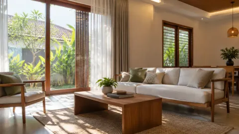Ruang tamu dengan sofa dan cahaya alami dari jendela