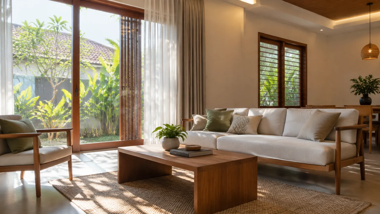 Ruang tamu dengan sofa dan cahaya alami dari jendela