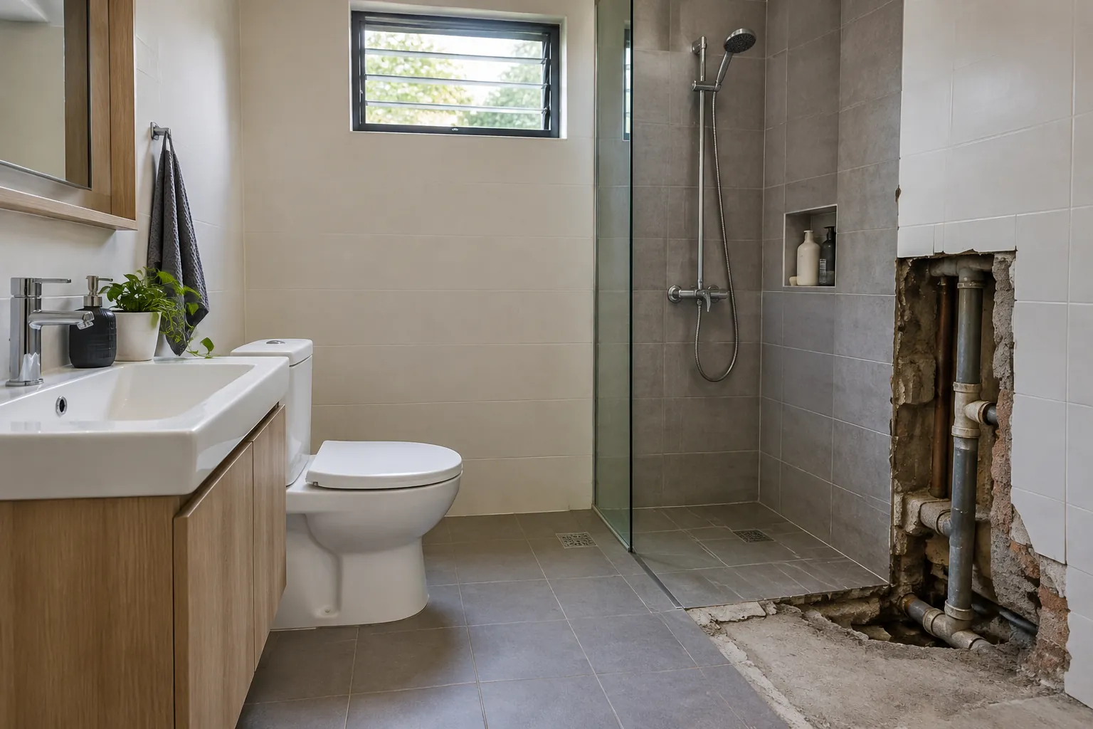 Area shower dibuka untuk memeriksa pipa di balik dinding