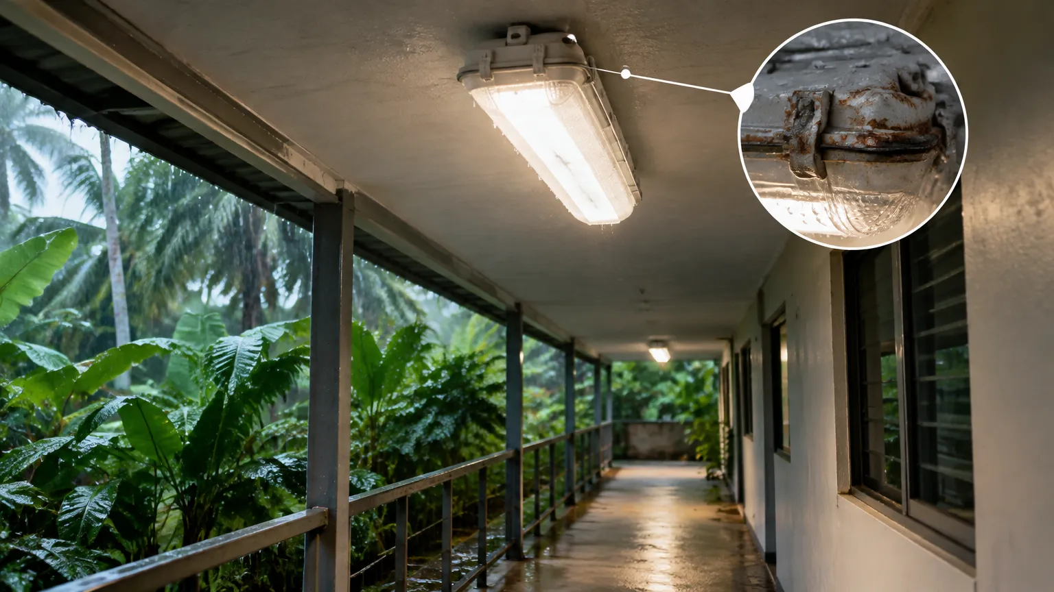Lampu pada koridor terbuka di iklim tropis