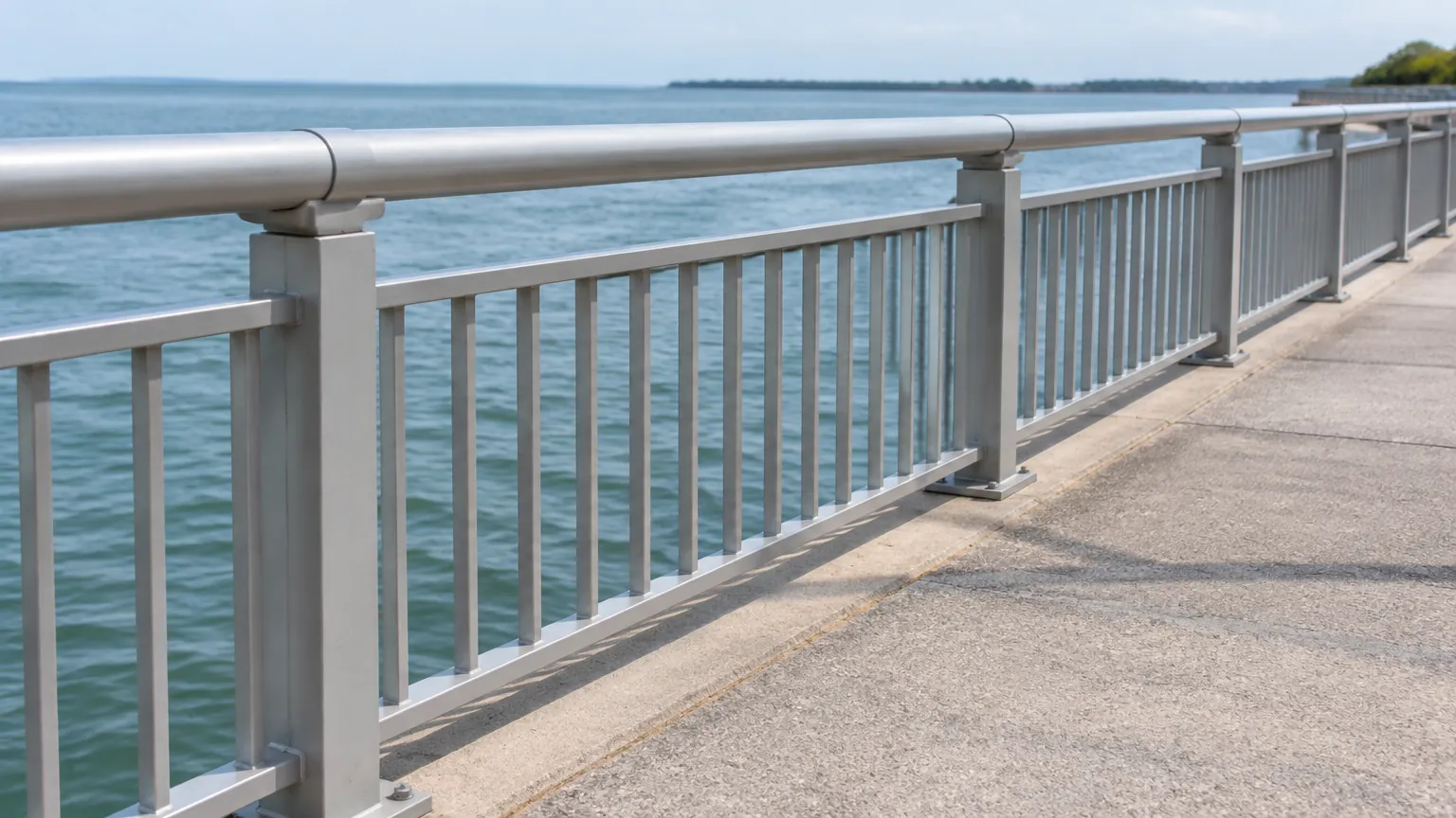Railing logam panjang di tepi jalur pejalan kaki dekat laut