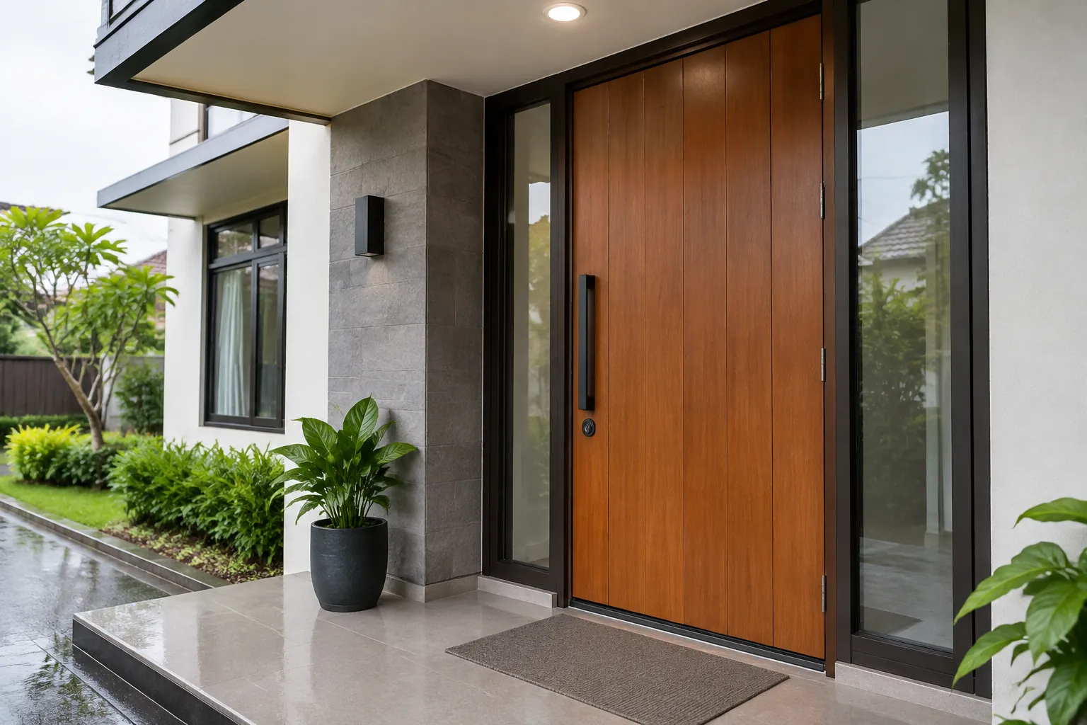 Pintu masuk kayu tinggi pada teras rumah