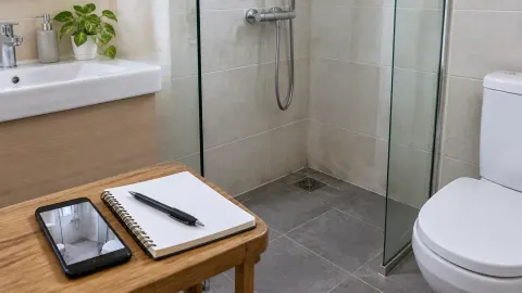 Area pancuran kamar mandi dan catatan pekerjaan di dekatnya
