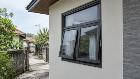 Jendela berbingkai gelap pada dinding luar rumah