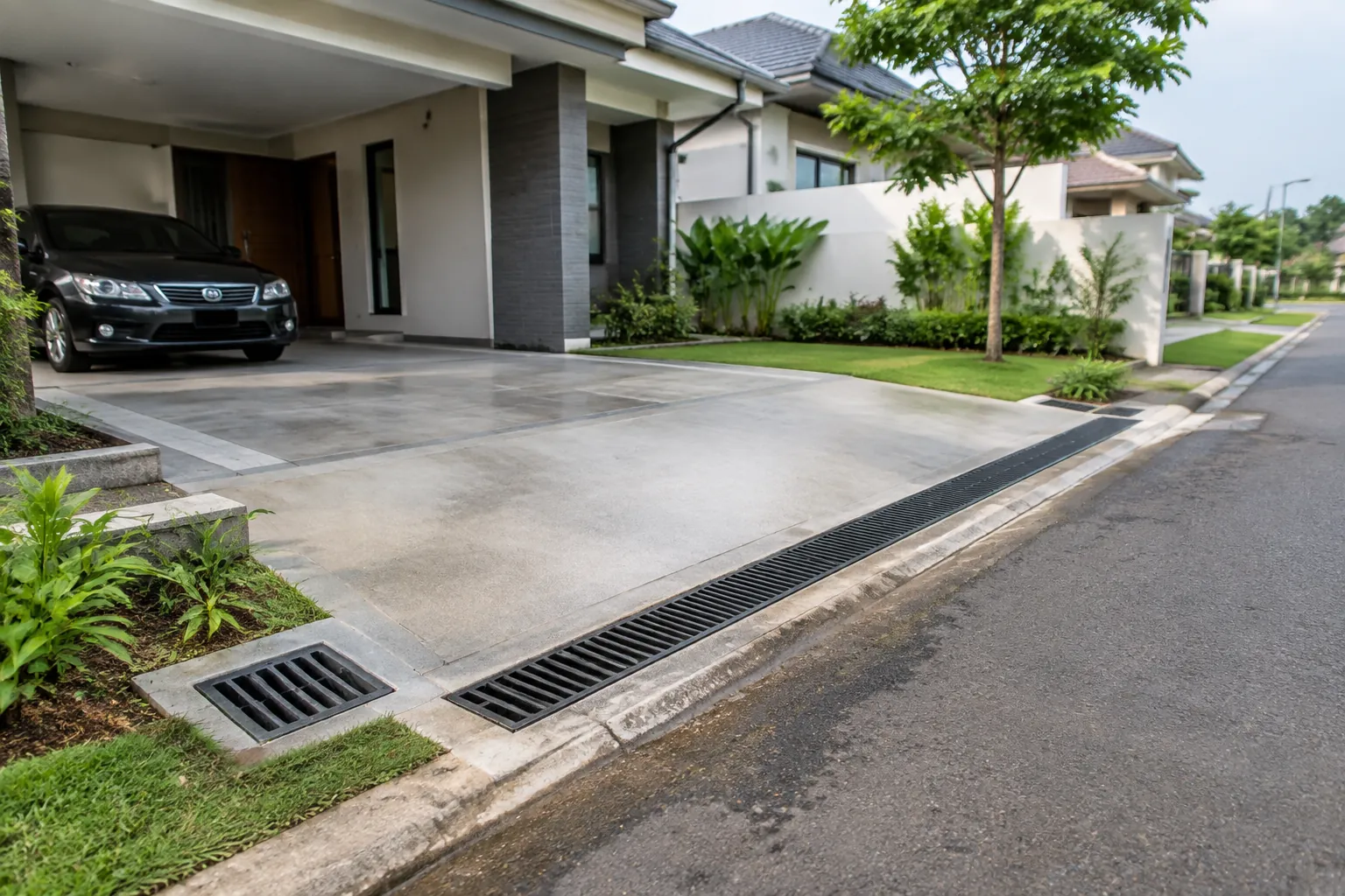 Saluran linear menghubungkan carport basah ke bak penerima