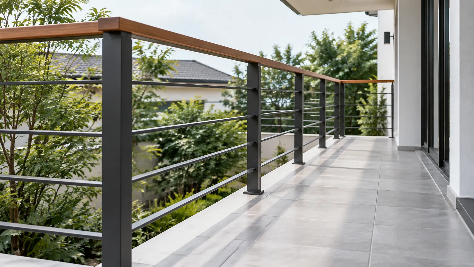 Railing logam pada balkon rumah minimalis