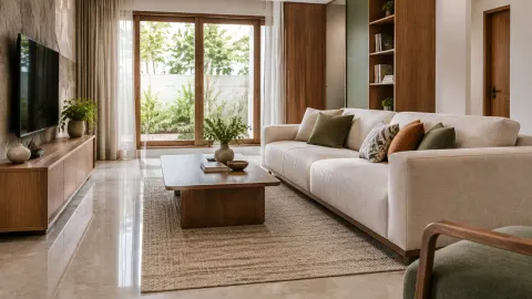 Ruang keluarga dengan sofa terang dan meja kayu
