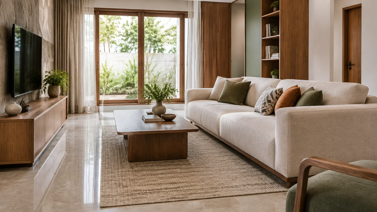 Ruang keluarga dengan sofa terang dan meja kayu