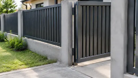 Gerbang logam dengan engsel pada tiang beton