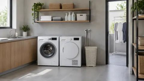Ruang cuci dengan mesin cuci, pengering, dan kabinet