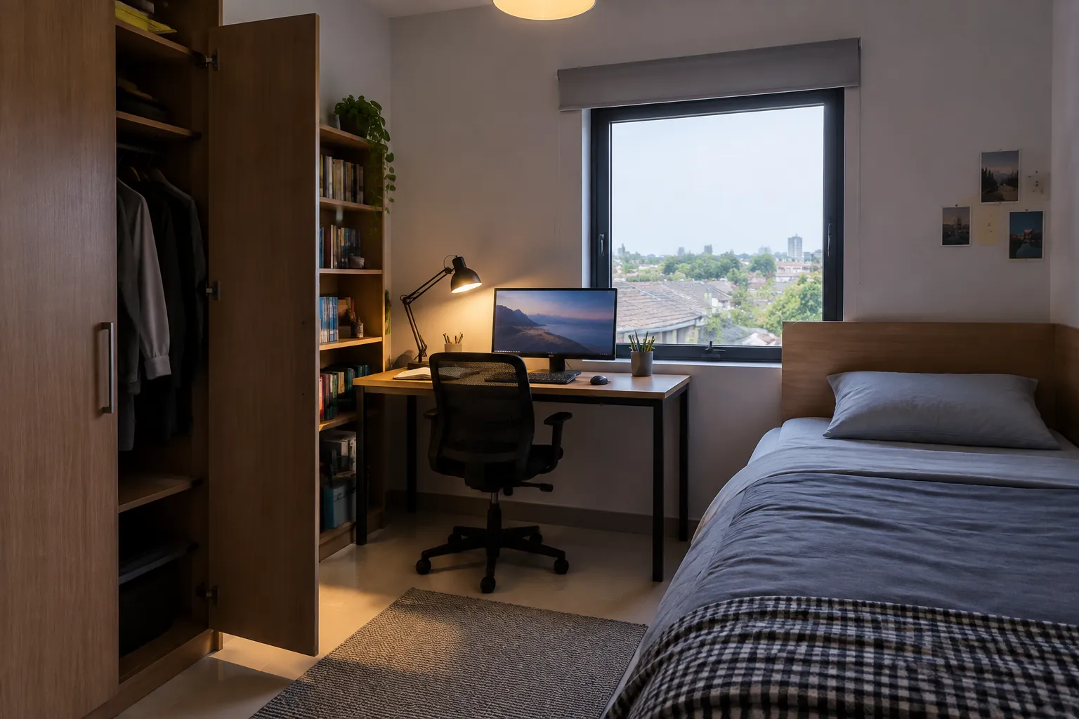 Kamar remaja dengan meja kerja di dekat jendela