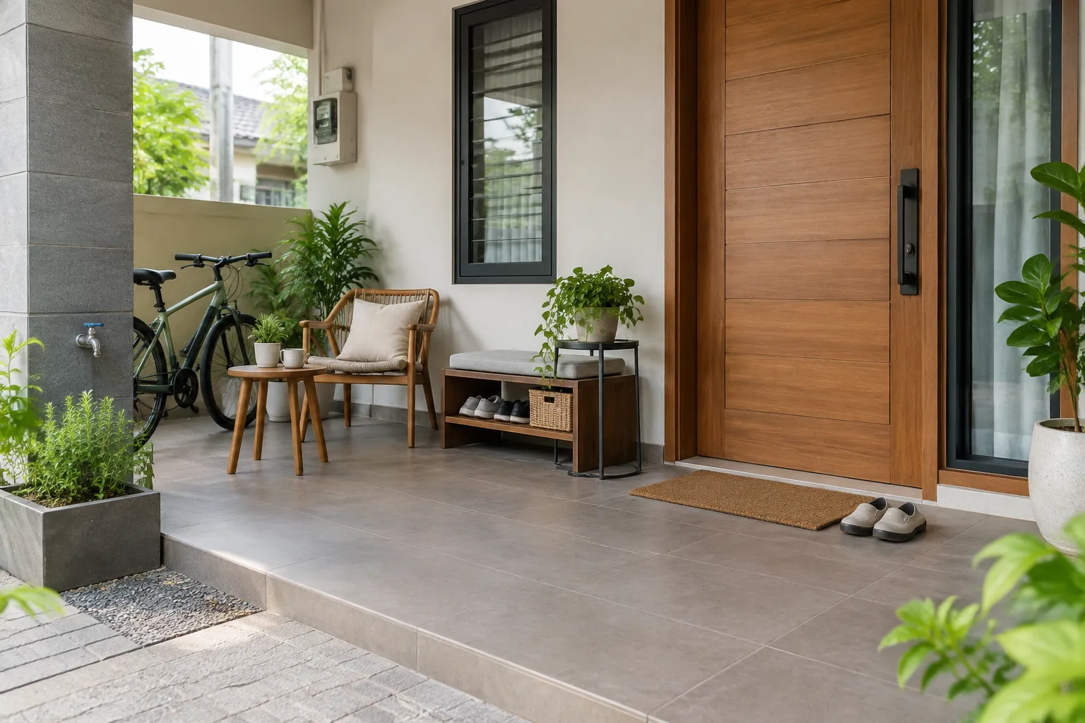 Teras depan menyediakan tempat duduk dekat pintu rumah
