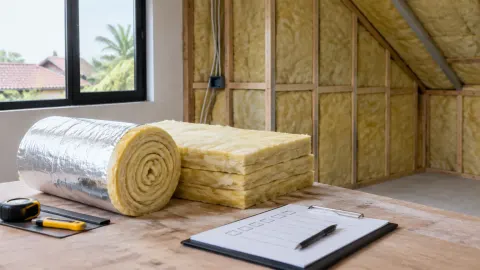 Gulungan dan lembaran insulasi di ruang renovasi