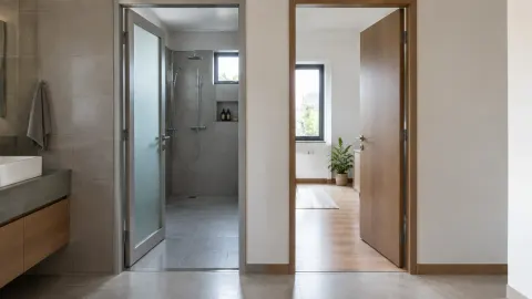 Pintu kamar mandi dan pintu ruang kering saling berdekatan