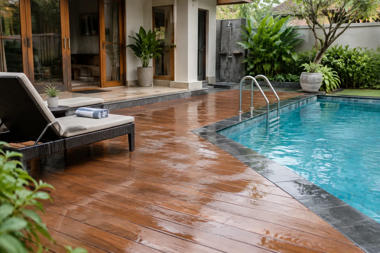 Deck kayu di tepi kolam tampak basah setelah terkena air