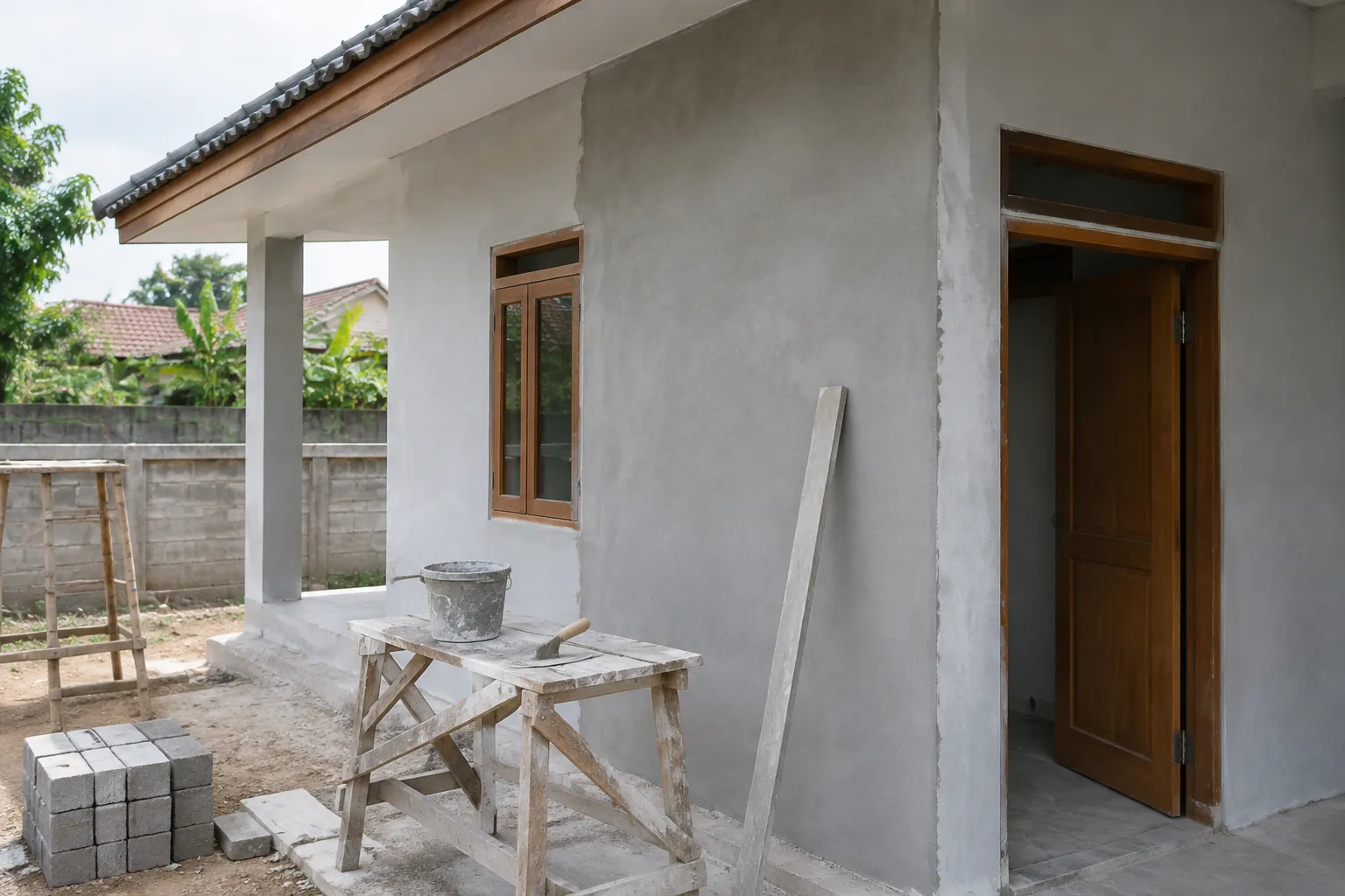 Dinding rumah sedang diplester di dekat pintu masuk