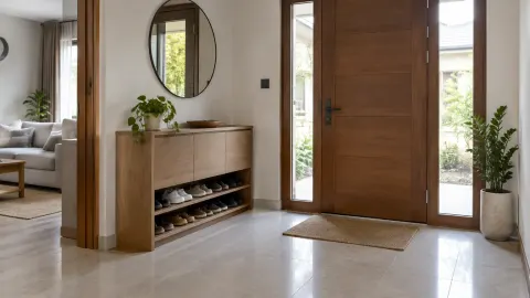 Foyer dengan pintu kayu, cermin bundar, kabinet sepatu, dan tanaman