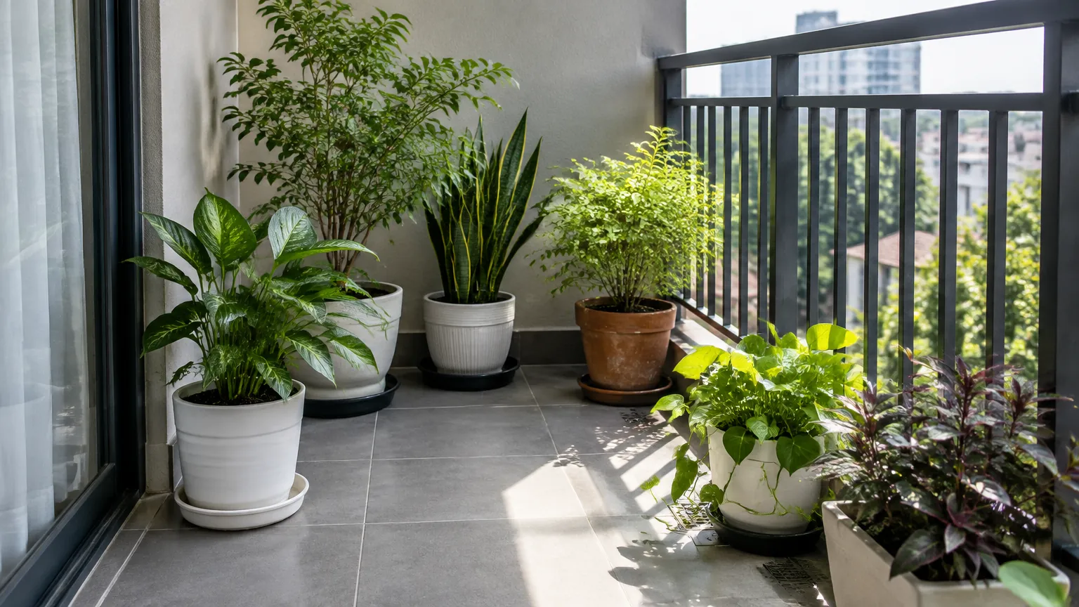 Beberapa tanaman pot pada balkon dengan cahaya dan area teduh
