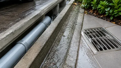 Saluran drainase lama dengan air mengalir di sisi bangunan